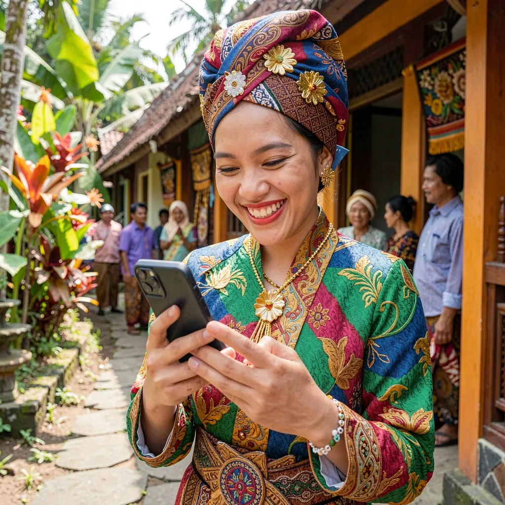 CK789 App – Enjoy a seamless and engaging mobile casino experience in Indonesia Indonesian woman in traditional outfit smiling while using the CK789 casino app on her smartphone in a colorful cultural setting