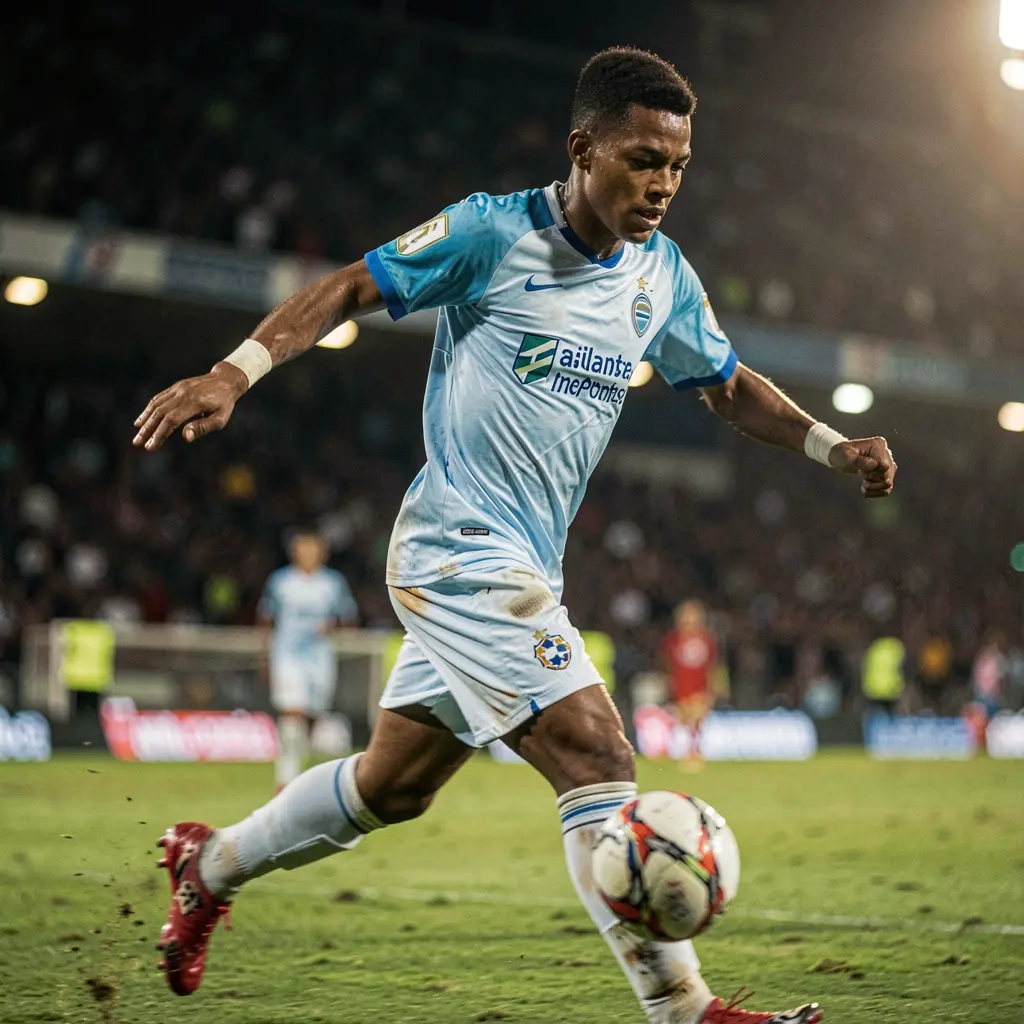 Dynamic moment of a soccer player striking the ball under stadium lights with motion blur reflecting intense football betting action on CK789 in Indonesia