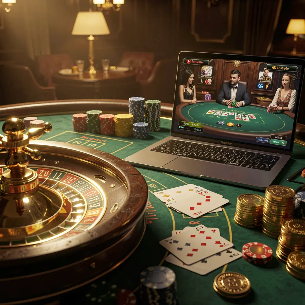 CK789 – Experience premium online casino entertainment for players in Indonesia Luxury online casino scene with a roulette wheel, gold coins, playing cards, and a laptop showcasing live gaming on CK789 for Indonesian players