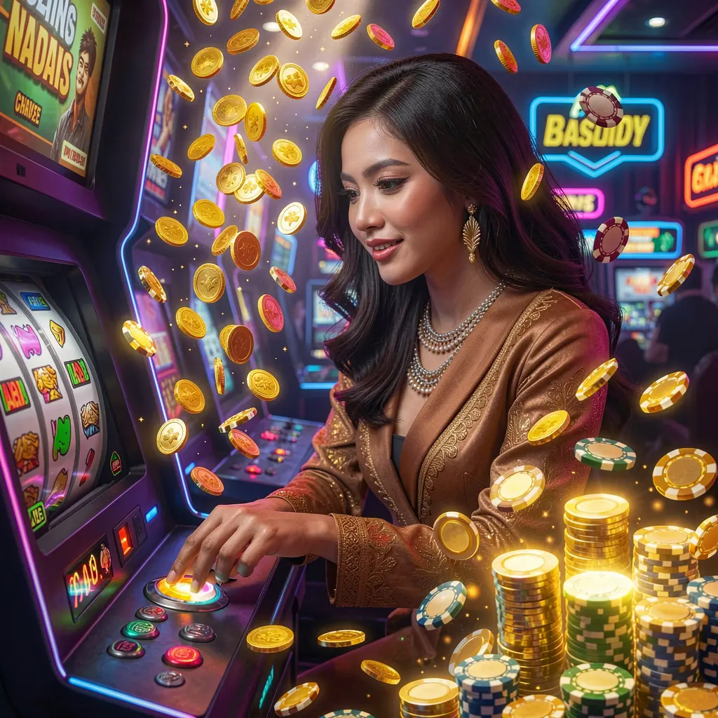 CK789 – Experience premium online slot entertainment for players in Indonesia Elegant woman playing a glowing slot machine surrounded by falling coins in a premium casino atmosphere at CK789 Indonesia